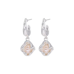 Silver Pearl Lava Earrings