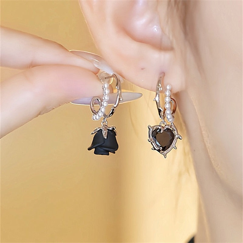 Black Rose & Butterfly Pearl Earrings