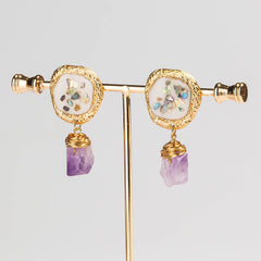 Cottagecore Flower Earrings with Purple Stone